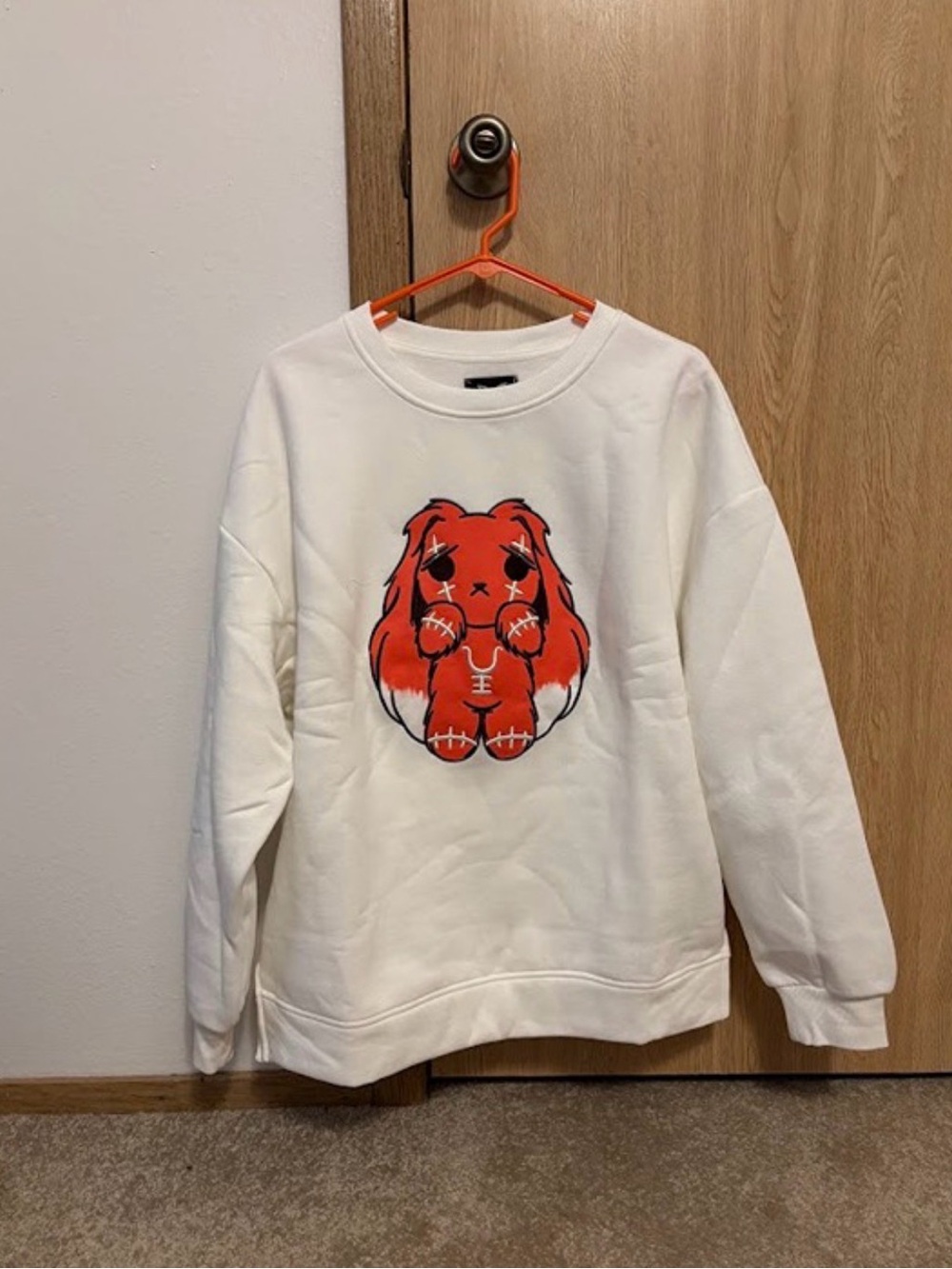 White Crewneck Sweatshirt with Red Graphic Bunny